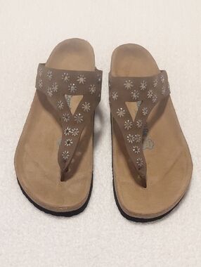 Women’s ComfortFüBe Handmade Brown Floral Sandals, Cushioned Footbed
